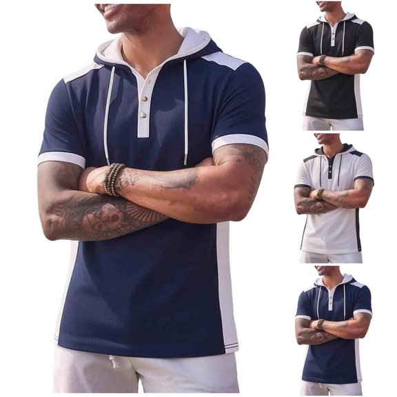 Men's Short Sleeve Hoodie Cotton Blend Pullover Hooded Top Drawstring Closure Button Front Casual Sports Streetwear Workout Everyday Wear Style Gift | Zenithor,Black L