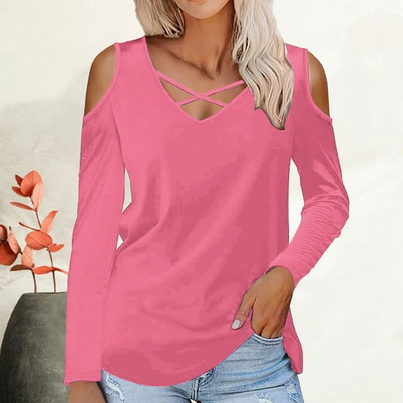 Black and Friday Clothing Sales Idoravan Long Sleeve Shirts for Women Winter Women's Solid Off Shoulder Fashion Long Sleeve Top Pink S