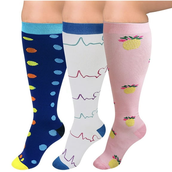 3pcs Plus Size Compression Socks for Women Extra Wide Calf Knee High Support Socks for Circulation，2XL-Style 15