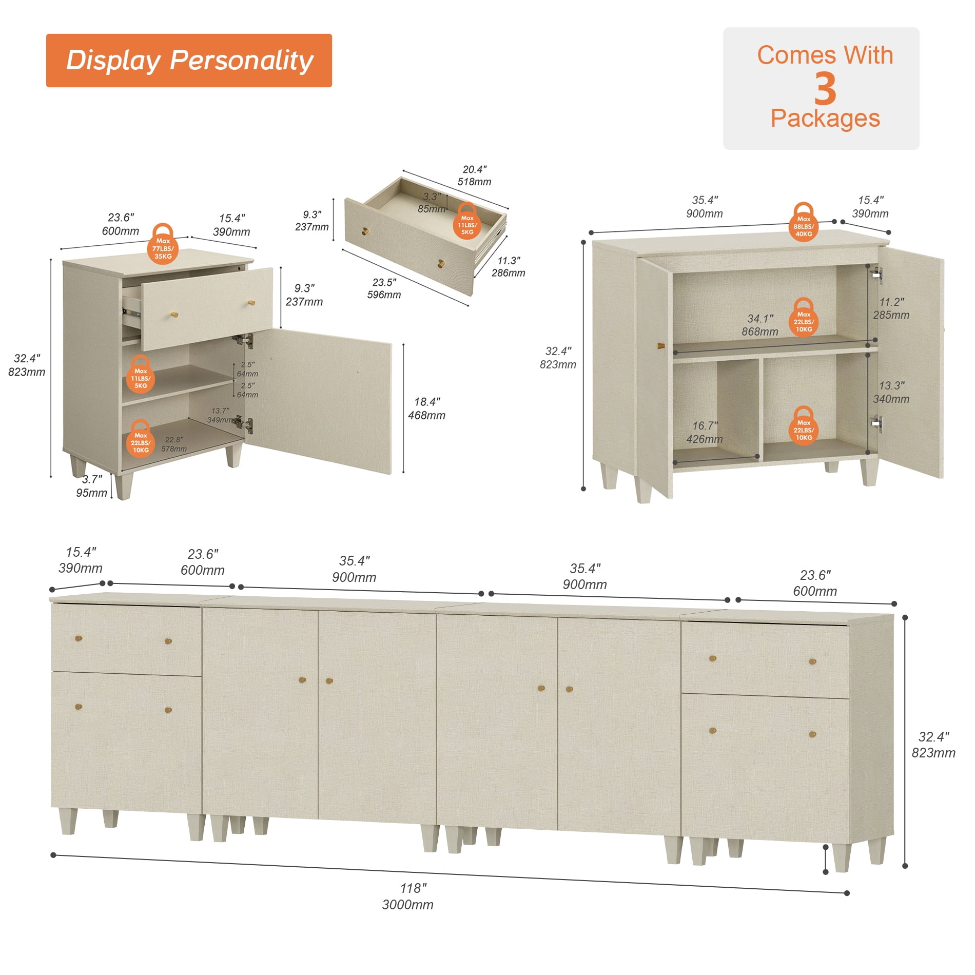 WAMPAT Wide TV Stand for 110+ Inches TVs, 4-in-1 Modern Wooden Media Console with 2 Spacious Drawers and 4 Storage Cabinets for Living Room, Beige