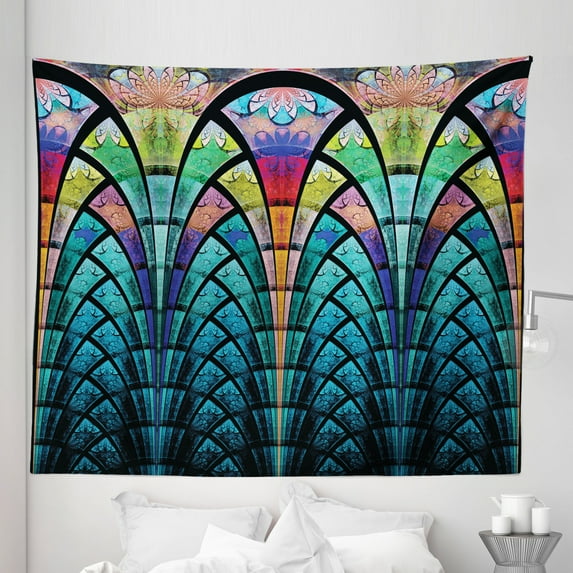 Abstract Tapestry, Curves Pattern with Weathered Colors and Blue Ombre Detail Graphic Floral Motifs, Fabric Wall Hanging Decor for Bedroom Living Room Dorm, 5 Sizes, Multicolor, by Ambesonne