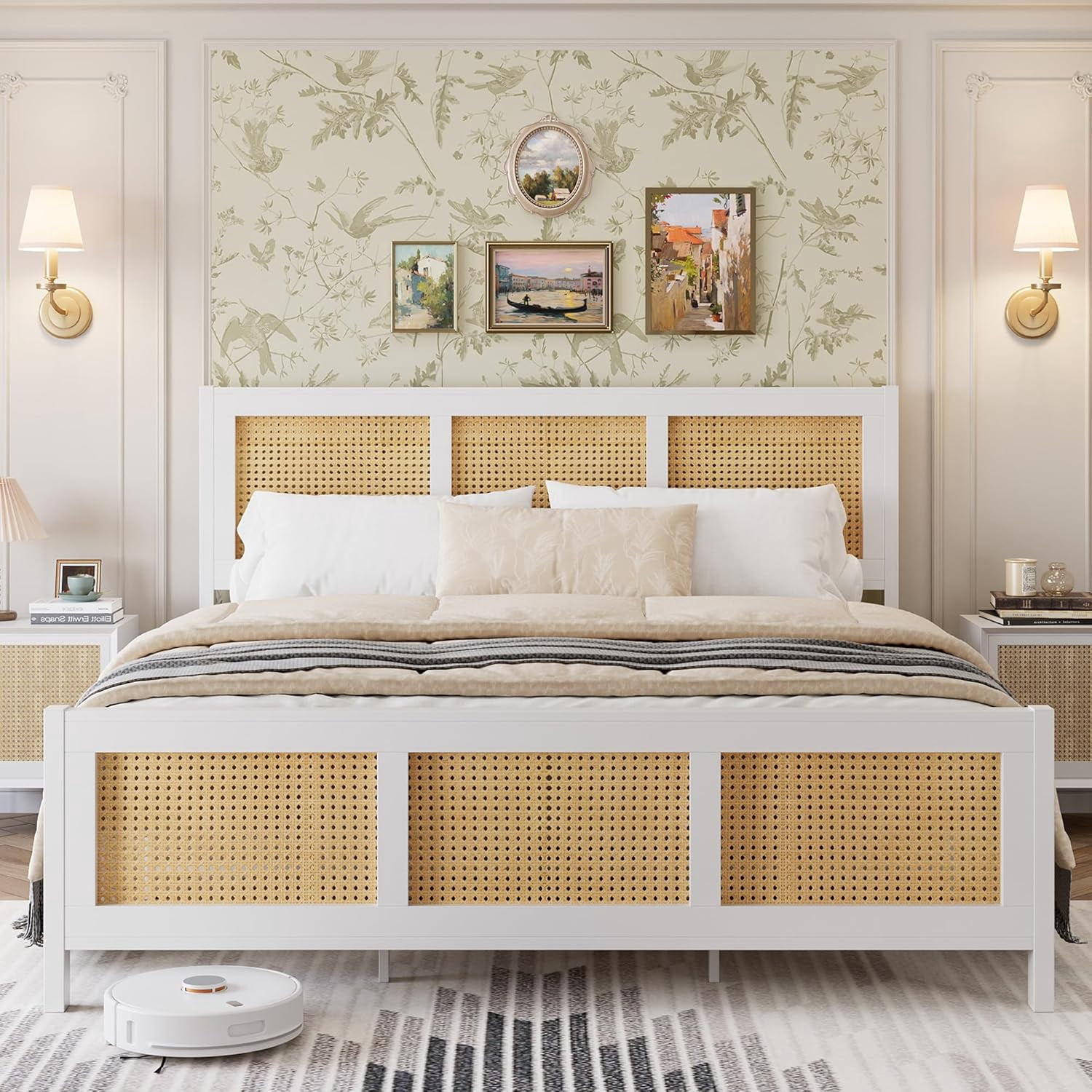 Full Size Bohemian Rattan Bed Frame with Headboard, Metal Slats, 14" Storage, No Box Spring Needed, White/Natural