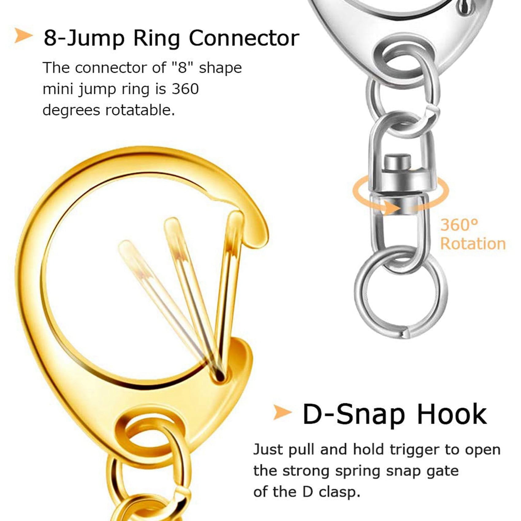 200 Piece D Hook Keychain Hardware with Jump Rings, Metal Split Key Ring Clips Chain for Craft Charm Making DIY