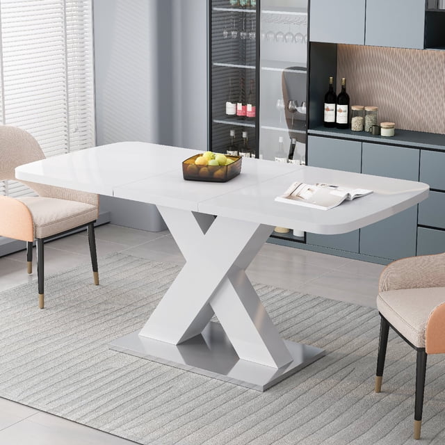 Morufur Modern Rectangle Dining Table with Extendable, White Table Top with X-Shape Leg and Metal Base