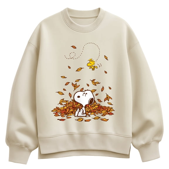 Peanuts - Snoopy & Woodstock Leaves - Women's Oversized Fleece Crew Sweatshirt