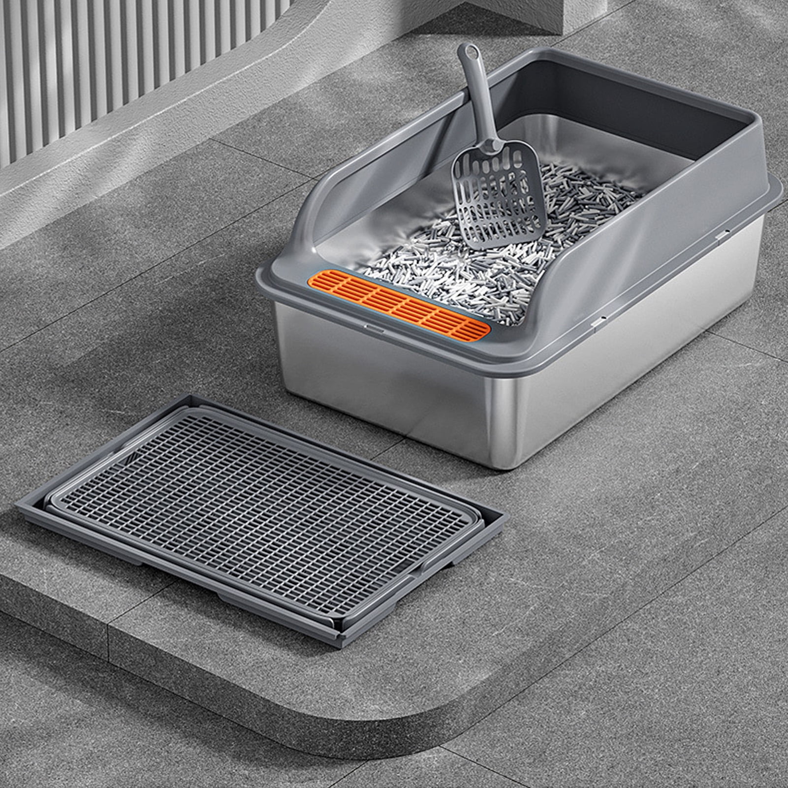 BOKYAN Large Metal Cat Litter Box Stainless Steel High Sided Anti Splashing Kitty Tray with Pedal Filter Dark Grey 20 inches / 51 cm