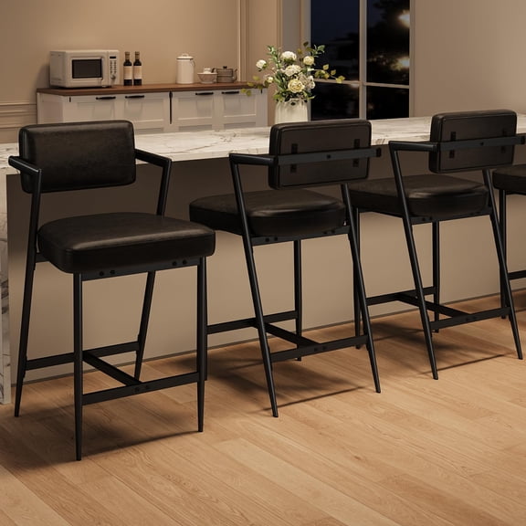 Bar Stools Set of 6 with Armrests, Counter Height Bar Stools of 6 with Backrest, Footrest, Thick Cushion & Thickened Metal Legs for Island, Counter Bar, Kitchen, Rustic Black