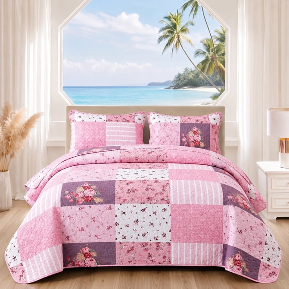 Retro Decorative Rose Patchwork Quilted Bedspread Set - 2/3 Pcs, 1 Quilt 1 or 2 Pillowcases, Multi-use All-Season Bedding for Bedrooms, Farmhouse & Sofa Throws(Pink,Twin)