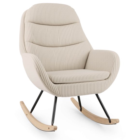 Costway 1 PCS Upholstered Rocking Chair with Padded Backrest & Seat Rubber Wood Feet Metal Frame