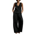 thumbnail image 2 of Womens 2 Piece Linen Set V-Neck Button Vest & High Waist Wide Leg Pants Casual Vacation Outfits Black L, 2 of 5
