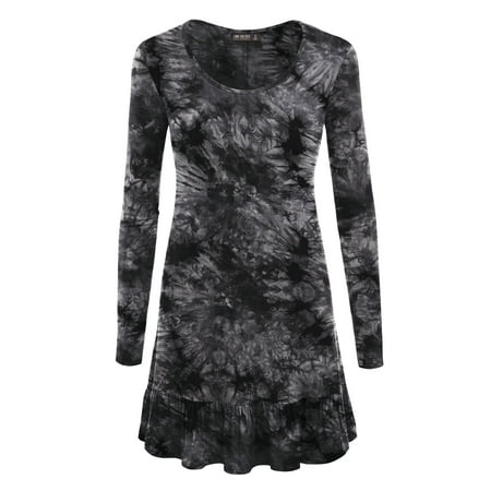 Silk Tie Dye Dress - MBJ WT1154 Womens Tie-Dye Long Sleeve Bottom Ruffled Tunic Short Dress L BLACK