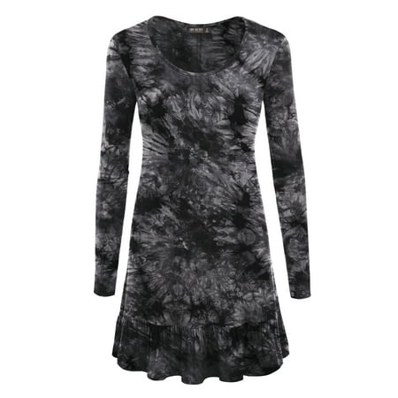 MBJ WT1154 Womens Tie-Dye Long Sleeve Bottom Ruffled Tunic Short Dress L BLACK