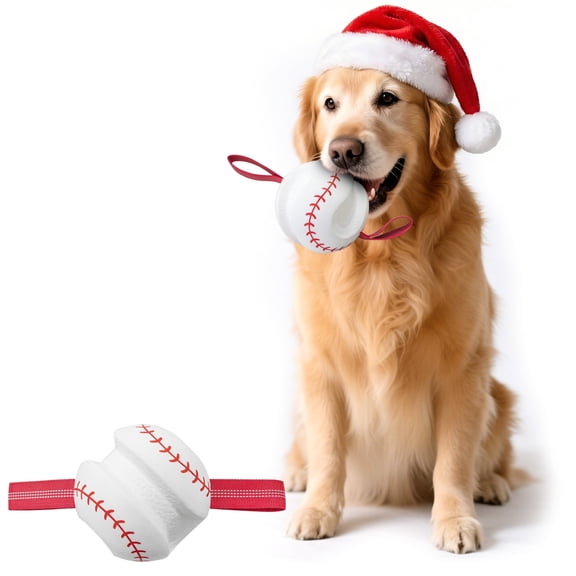 Dog Ball, Interactive Chewy Ball with Strap, Dog Toy, High Bounce, 4.33 inch, White Baseball
