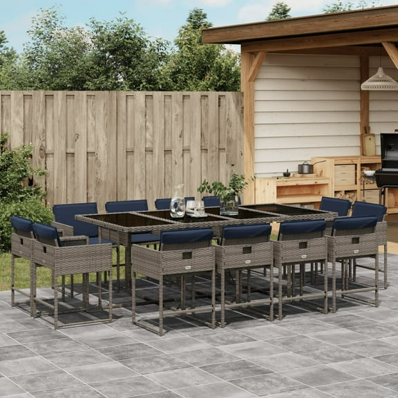 vidaXL 13 Piece Patio Dining Set with Cushions Gray Poly Rattan