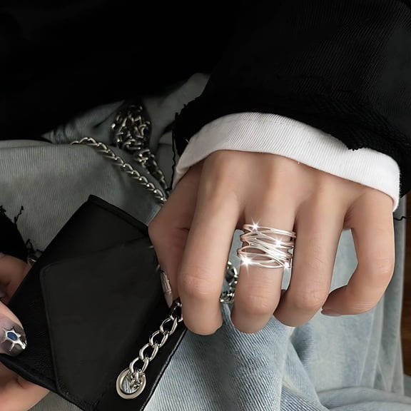 Multi-Line Wrap Ring, 925 Sterling Silver Plated Stacking Ring, Adjustable Open Stackable Boho Ring, Geometric Statement Ring for Women, Minimalist Jewelry Gift