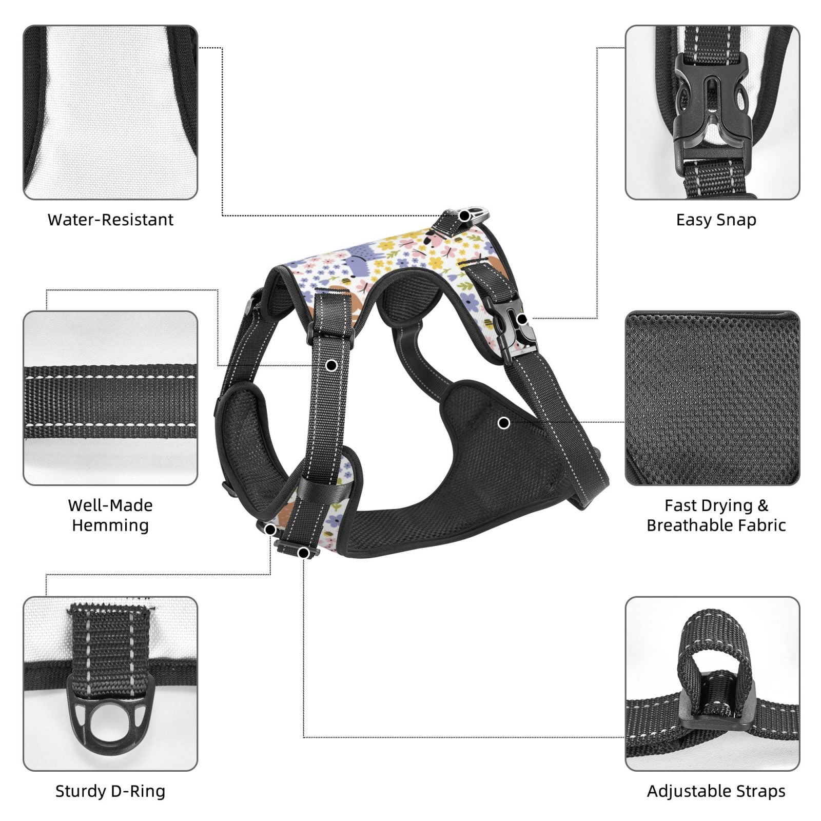 Kdxio Floral Puppy Print No Pull Dog Harness Adjustable Reflective Oxford Easy Control Medium Large Dog Harness for Training and Everyday-Small