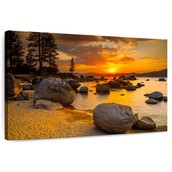 Elephant Stock Lake Tahoe Twilight Wall Art - Horizontal Canvas Wall Art - Living Room Wall Decor - Nature Canvas - Orange And Gray Decor - 12" x 8"