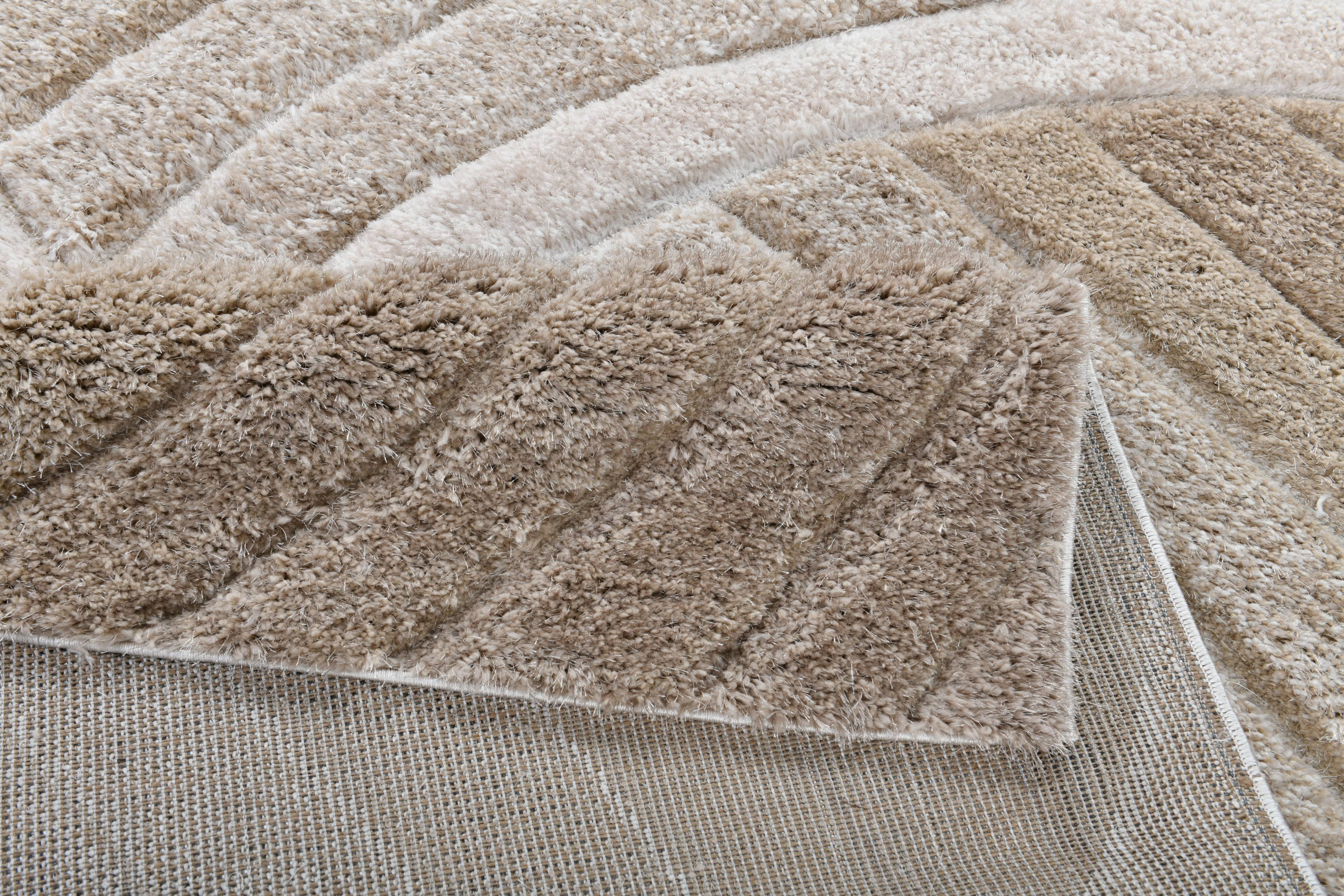 Well Woven Tilly Biege Geometric Stripes Thick Soft Plush 3D Textured Shag Area Rug 5x7 (5'3" x 7'3")