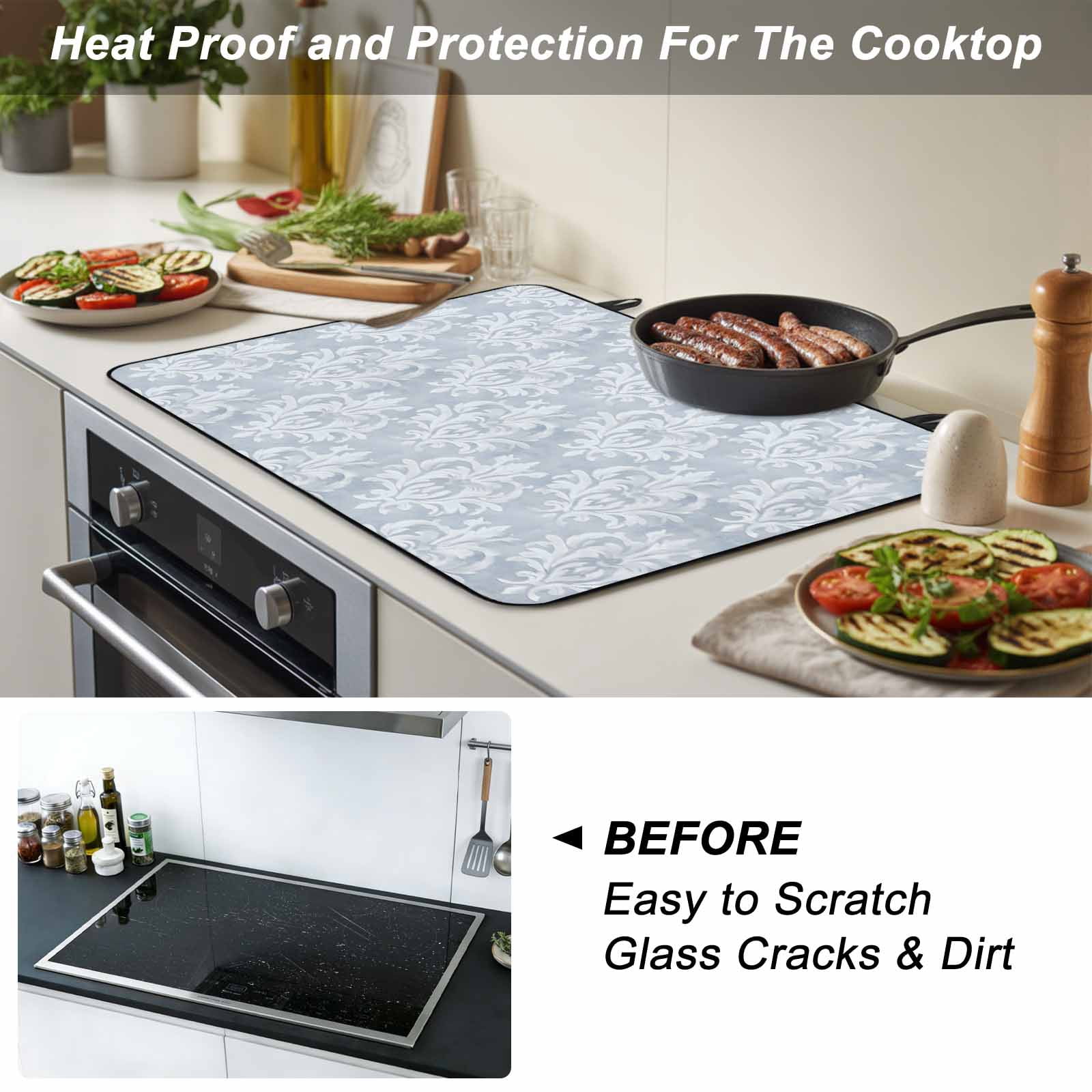 Haze Blue Boho Stove Top Cover for Electric Stove, Heat-proof & Non Slip Glass Top Stove Cover Protector, Neutral Middle Century Turkish Pattern Kitchen Flat Cooktop Rubber Mat 24x21 Inches
