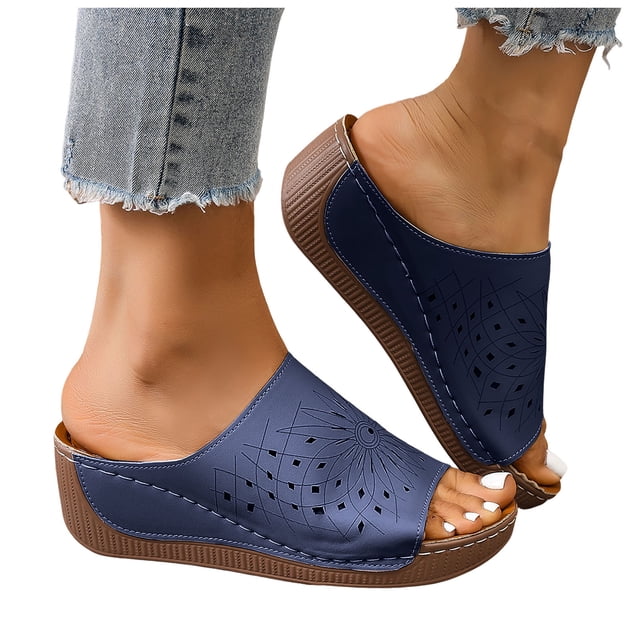 Women's Hollow Out Wedge Mules Comfortable Platform Sandals Slip On Open Toe Clogs Lightweight Non Slip Beach Slides Blue Size 8