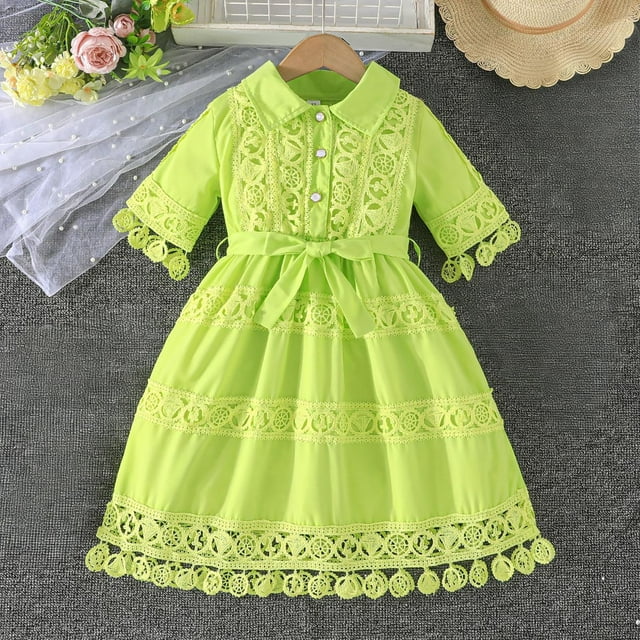 Vestido de manga corta con cuello vuelto para niña, primavera/verano, manga corta, color liso