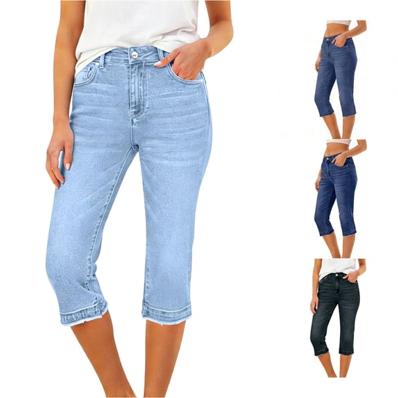 DHFJKG Capri Jeans For Women Slim Fit Stretchy Soft Row Hem Flat Front Denim Cropped Pants Summer Versatile Trousers
