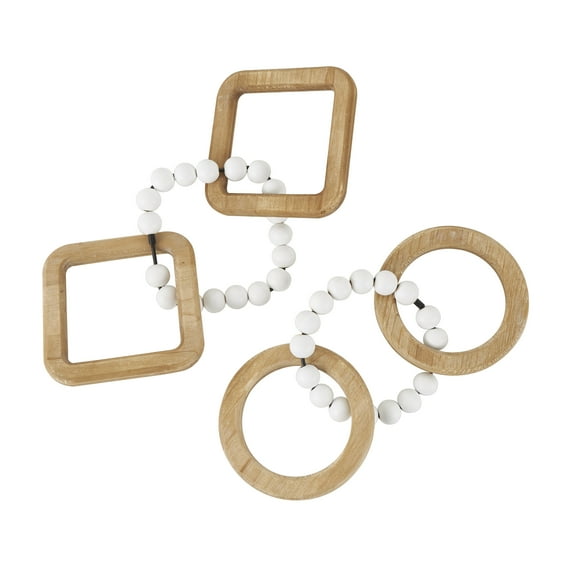 14"W, 2"H Brown Wood Geometric 3 Link Chain Sculpture with White Beaded Accents, by DecMode (2 Count)