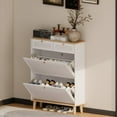 thumbnail image 3 of 31.5" Natural+White Narrow Shoe Cabinet (2 Flip-Up Doors+2 Drawers, 12-20 Pairs Capacity – MDF, Wood Legs, Freestanding for Entryway/Tight Spaces), 3 of 10