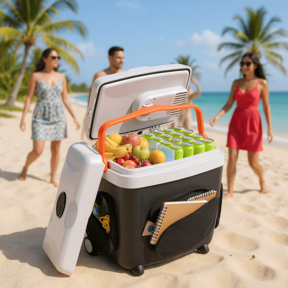 ADVWIN 32 Qt (30L) Electric Car Cooler & Warmer with Pockets, Ice Pack Divider, Removable Lid, Locking Handle, Wheels, AC/DC