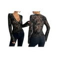 thumbnail image 3 of Women'S Floral Embroidery Mesh Lace Round Neck Long Sleeve Top Black XL, 3 of 6