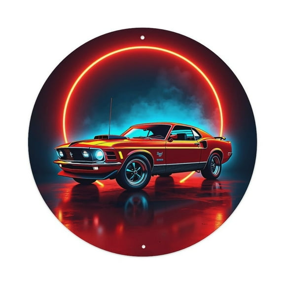 Vintage Wall Decor Muscle Car Neon Lights Wall Plaque Sign Round Metal Tin Sign Round Welcome Door Hanging, Suitable for Home Garden Kitchen Bar Cafe Restaurant Garage Wall Decor 8x8 Inch