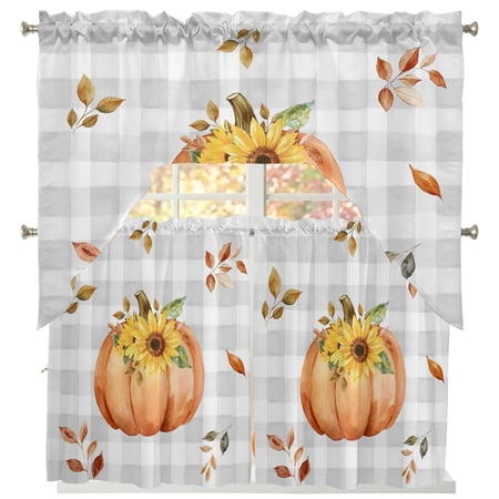 Sunflower Sunflower Swag and Tier Curtains Set Leaf Fall Thanksgiving Kitchen Valances with Tier Curtains 36 in Long Light Filtering Curtains for Sink Laundry Bathroom