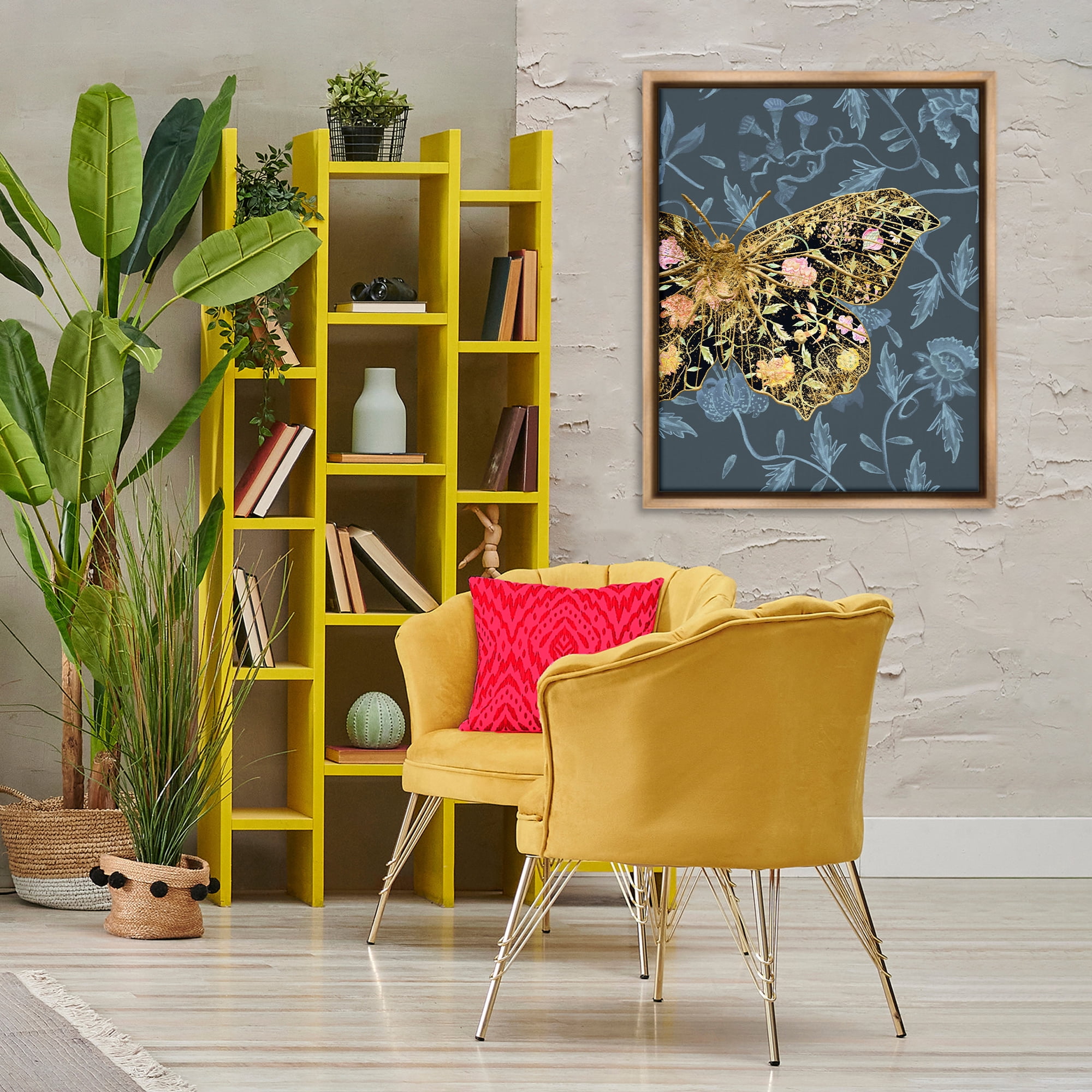 Stupell Industries Blue & Gold Butterfly Animals & Insects Painting Brown Floater Framed Canvas Art Print Wall Art, 25 x 31