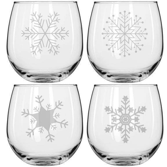 Set of 4 Wine Glass for Red or White Wine Gift Christmas Snowflake Collection (16 oz Stemless)