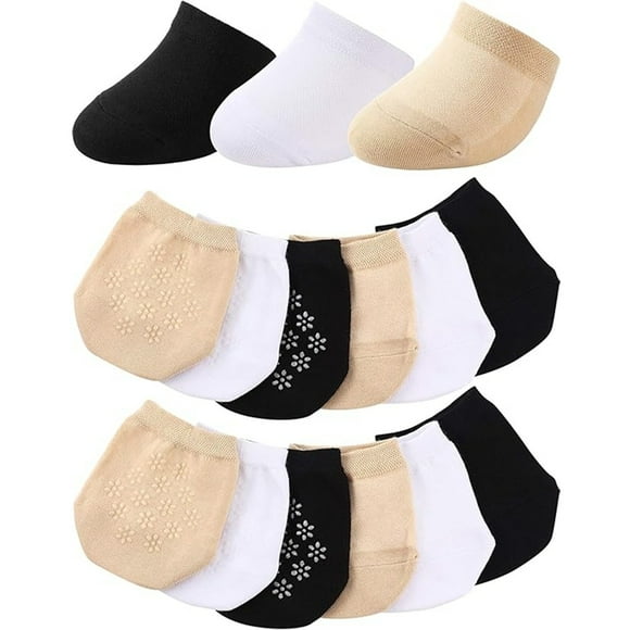 Graflsoa 12 Pairs Women's Invisible Half-Toe Socks, Soft Cotton with Silicone Non-Slip Bottom, Breathable & Sweat-Absorbent Seamless Foot Covers for Clogs, Slippers, High Heels - Black, White, Skin