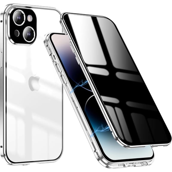 Privacy Magnetic Case for iPhone 13,Anti Peeping Screen Protector Front and Back Double-Sided Tempered Glass Metal Bumper Anti SPY 360 Degree Full Body Protective Phone Case,Clear Silver