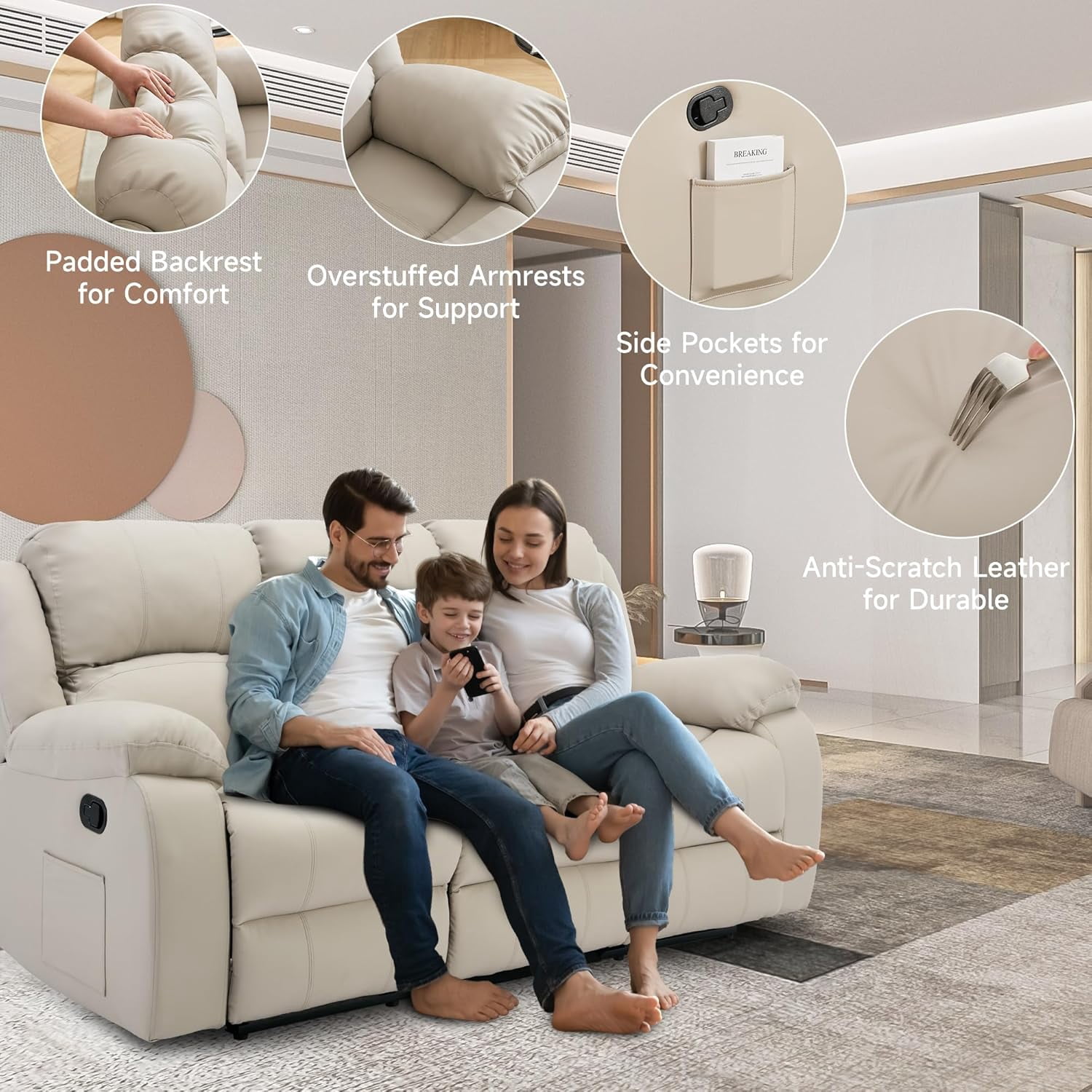 Chizzysit Reclining Couch Sleeper Sofa Set Chaise Lounge Chair Leather Recliner Couch Loveseat for Living Room, Theater Seating - Beige
