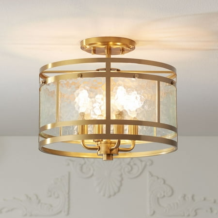 

Franklin Iron Works Elwood Modern Ceiling Light Semi Flush Mount Fixture 13 1/4 Wide Gold 4-Light Water Glass Drum Shade for Bedroom Kitchen House