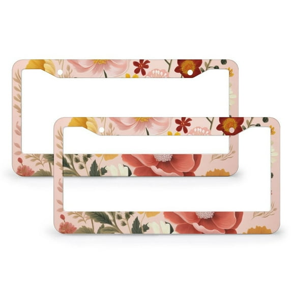 Light Pink And Amber Flowers License Plate Frames 2 Pcs Set Abstract Wild Flowers Personalized License Plate Frame Car Accessories US Canada Standard 2 Round Holes Aluminum License Plate Frame