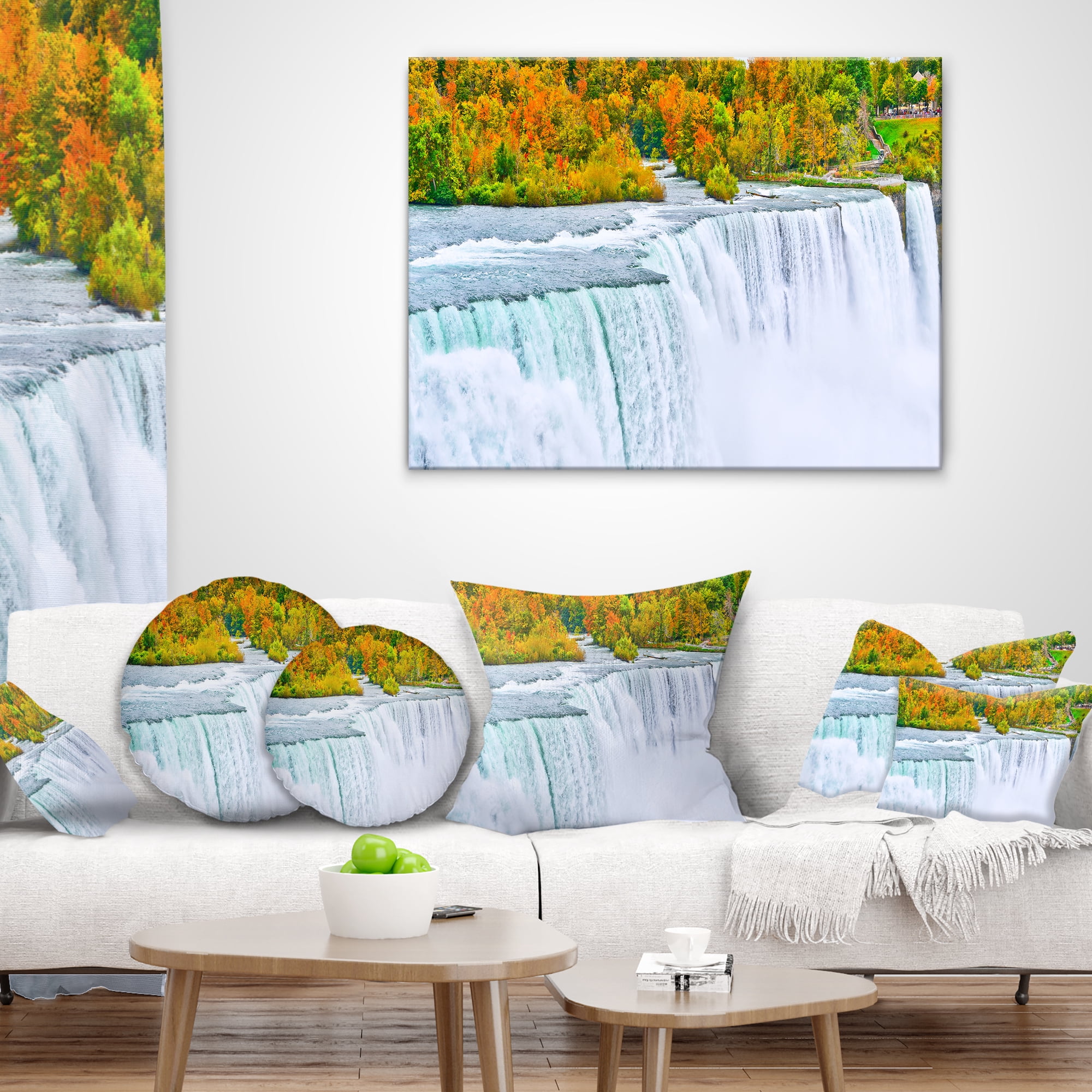 Designart Autumn Niagara Falls Panorama - Landscape Printed Throw Pillow - 16x16