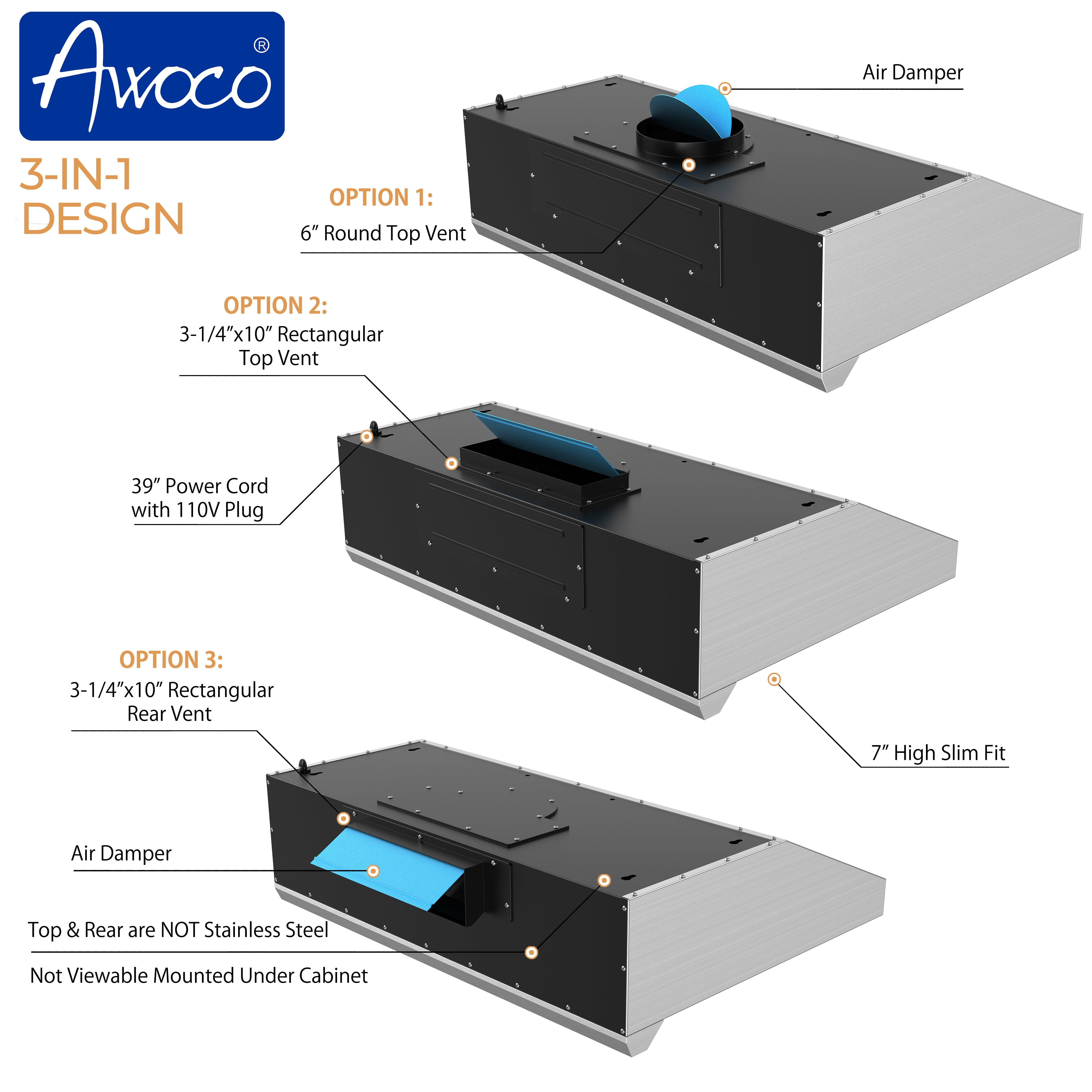 Awoco RH-R06-30 Rectangle Vent 6 High Stainless Steel Under Cabinet 4  Speeds 900CFM Range Hood with LED Lights (30W Rear Vent)