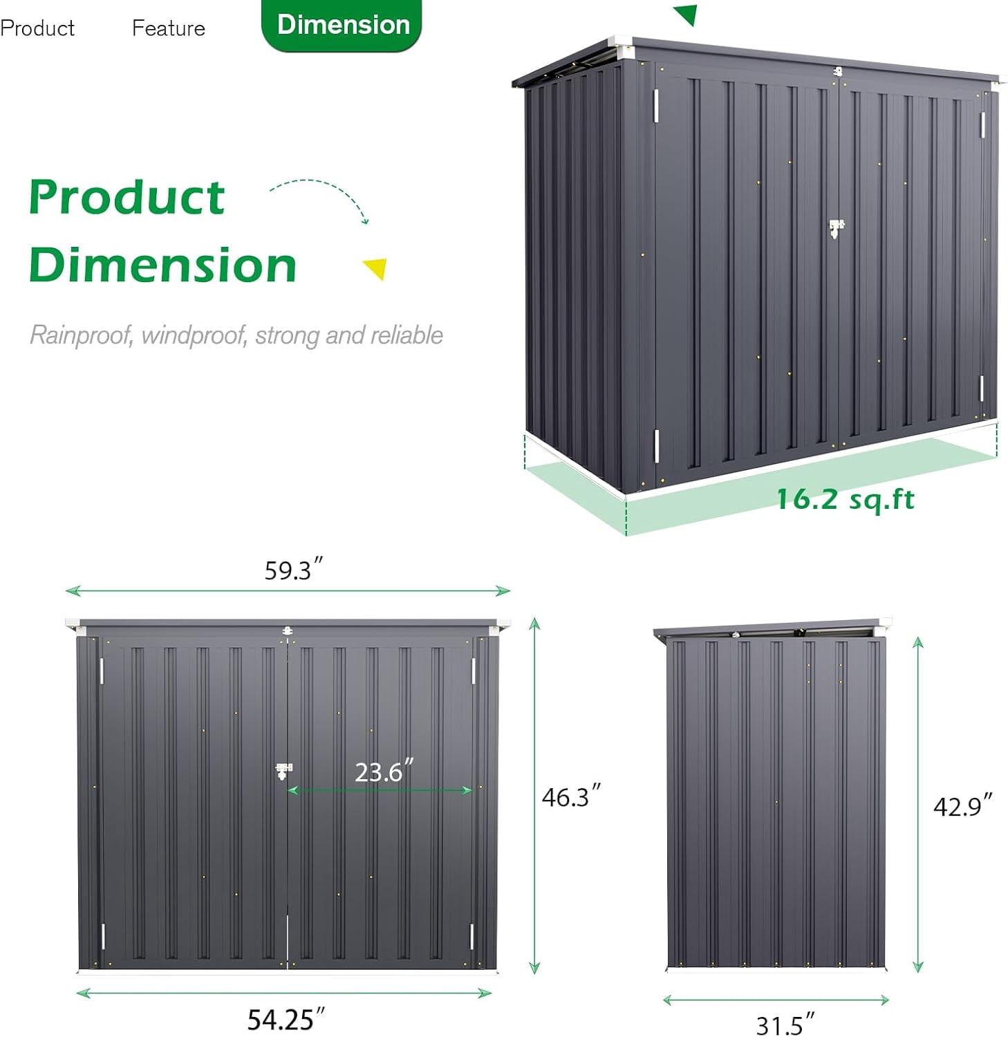 AECOJOY 46 Cu ft. Outdoor Trash Can Storage Shed Waterproof Horizontal Storage Cabinet in Dark Gray