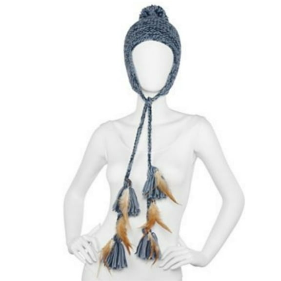 Womens Blue Knit Trapper Hat Pom Top & Braided Peruvian Feather Tassels