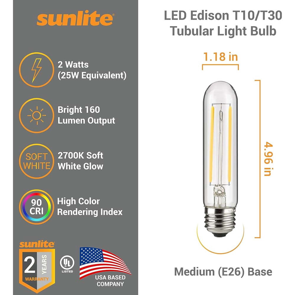 Sunlite 41790 LED Edison T10/T30 Tubular Light Bulb, 2 Watts (25W Equivalent), 160 Lumens, Medium E26 Base, 120 Volts, Dimmable, 90 CRI, UL Listed, Clear, 2700K Soft White, 6 Pack