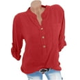thumbnail image 3 of CFLVAEK Cotton Linen Shirts for Women Plus Size Henley V Neck Shirt with Pockets Casual Summer 3/4 Sleeve Blouses Solid Color Going Out Tops Red M, 3 of 4
