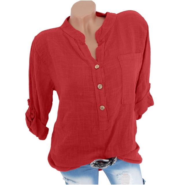 Dealovy Hauts Grande Taille pour Femmes en Coton et Lin d'Été Décontractés à Col Montant à Manches Longues Blouses Amples