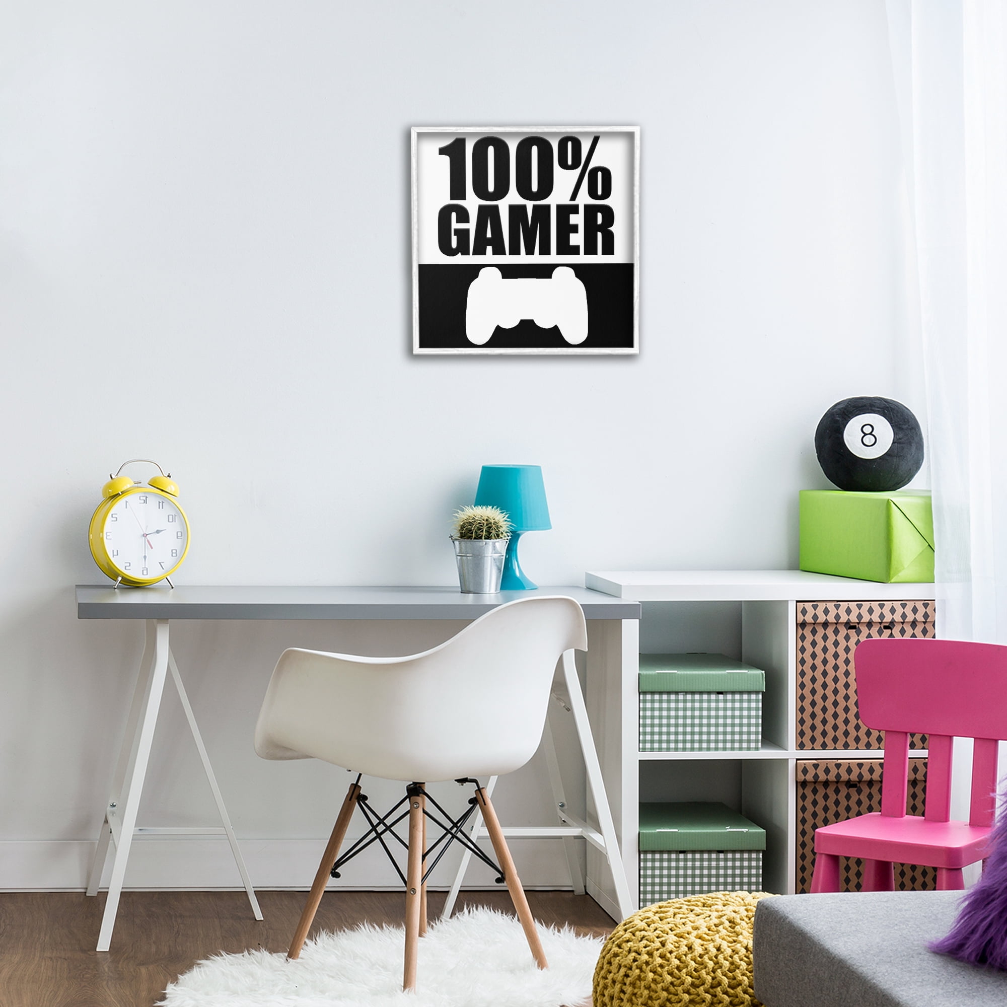 100% Gamer Black & White White Framed Giclee Art, design by Kim Allen