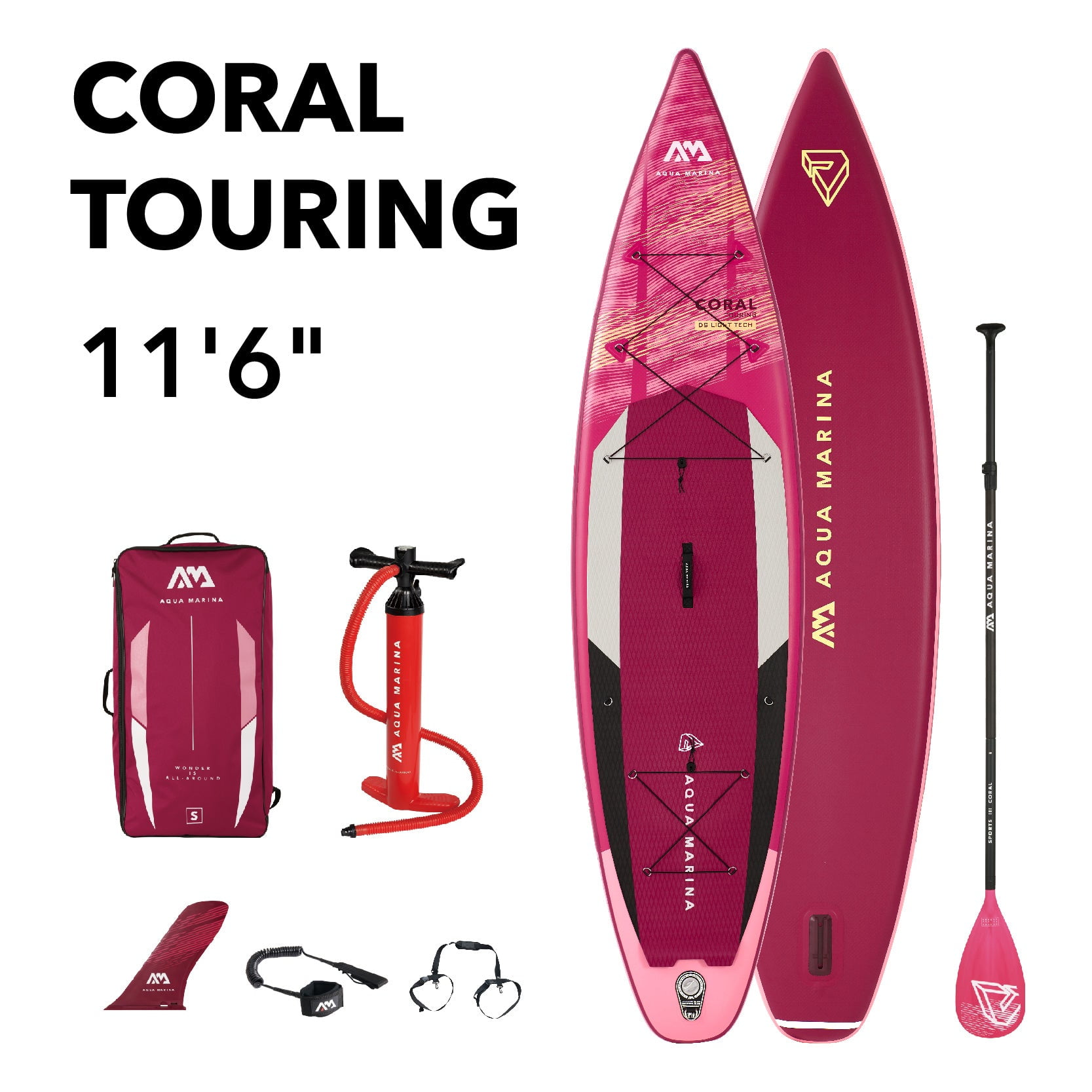 Aqua Marina Stand Up Paddle Board CORAL TOURING 11′ 6″ Inflatable SUP Package, including