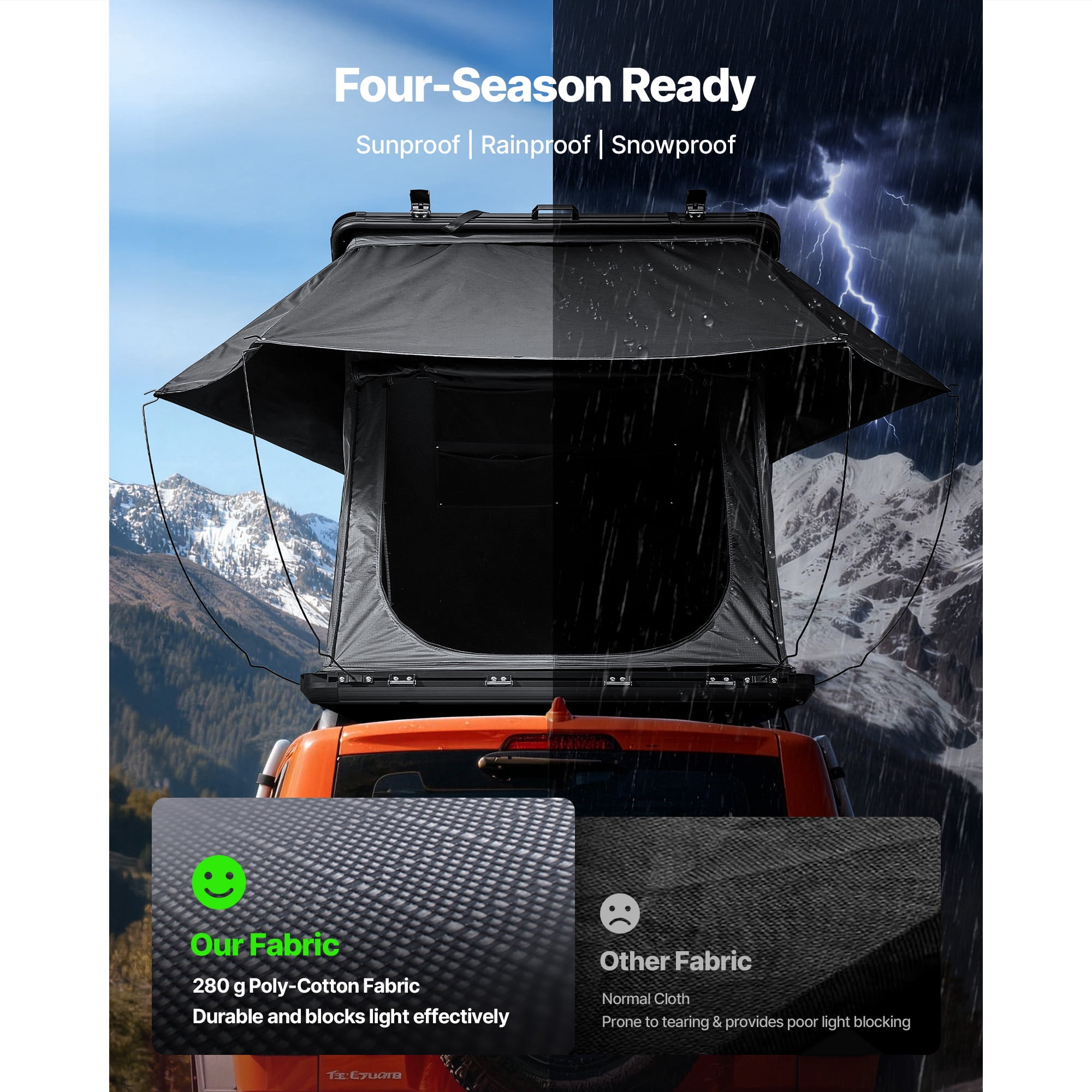 KFFKFF Hard Shell Rooftop Tent for 2-3 People, Aluminum Roof Tent with LED Lighting & Comfortable Mattress, Weather-Resistant Camping Tent for SUVs, Jeeps, and Trucks