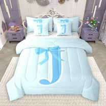 Manfei Bow Initial Letter J 7pcs Bedding Comforter Set,Kawaii Bowtie Ribbon Queen Bedding Sets,Girls Blue Bowknot Queen Sheet Sets For Princess,Breathable Bedroom Decoration Reversible